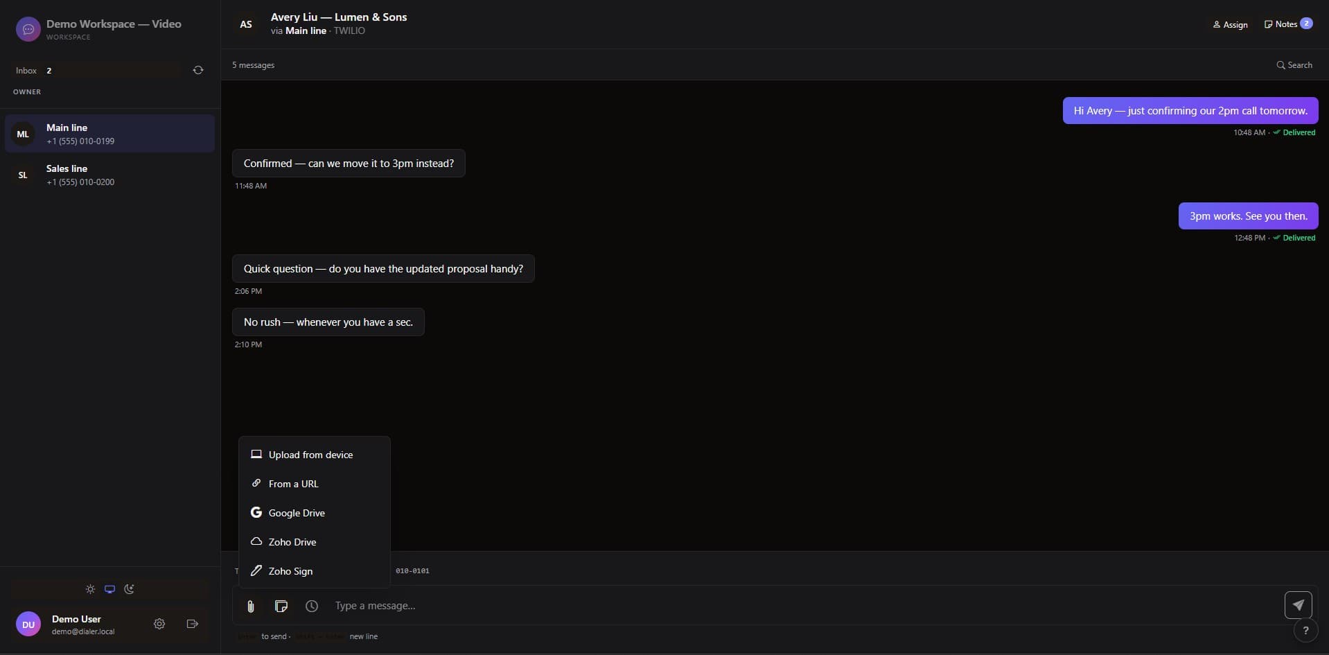 PulseText conversation thread with attachments and notes