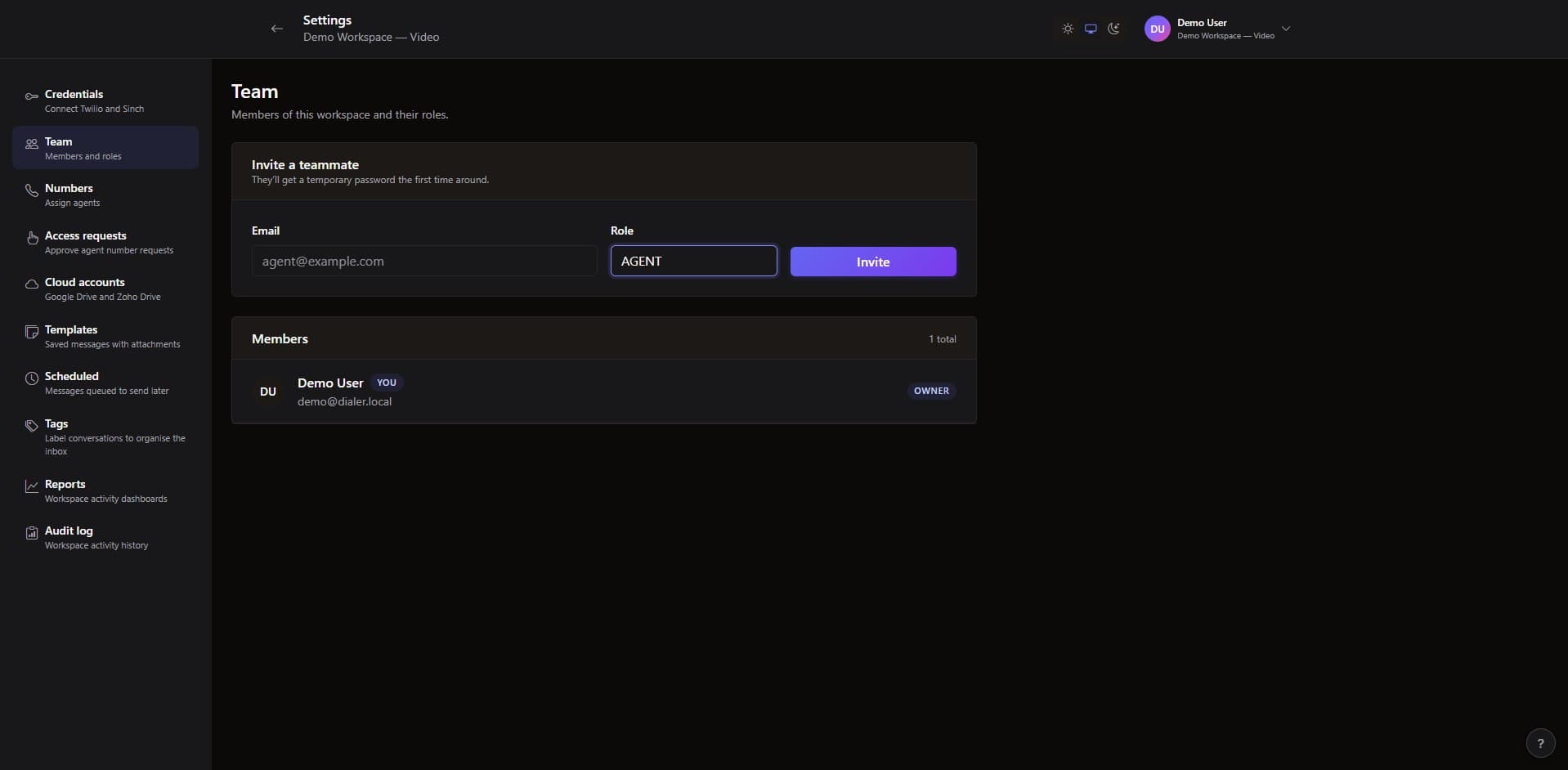 PulseText team members and roles screen